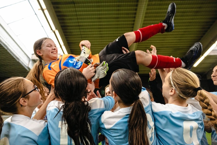 Goalkeeper Eulalie Krzywon was thrown into the air.
