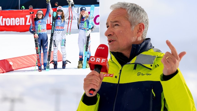 Rainer Pariasek (right) made people laugh during the interview with Ester Ledecka (2nd from left) in Saalbach. (Bild: GEPA pictures)