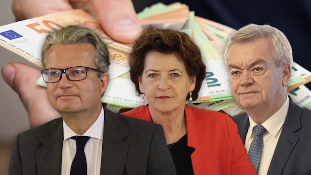 Den Löwenanteil gaben die Abteilungen von LH Christopher Drexler von der ÖVP (li.) aus. Sein Vize Anton Lang und Landesrätin Ursula Lackner (beide SPÖ) rangieren auf Platz 2 und 3. (Bild: Stock A., 3x Christian Jauschowetz Krone KREATIV,)