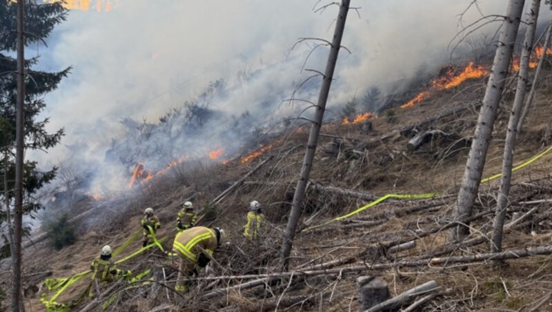 Auch am Boden wurde das Feuer - unter schwierigsten Bedingungen - bekämpft. (Bild: BFV Lienz/FF Sillian)