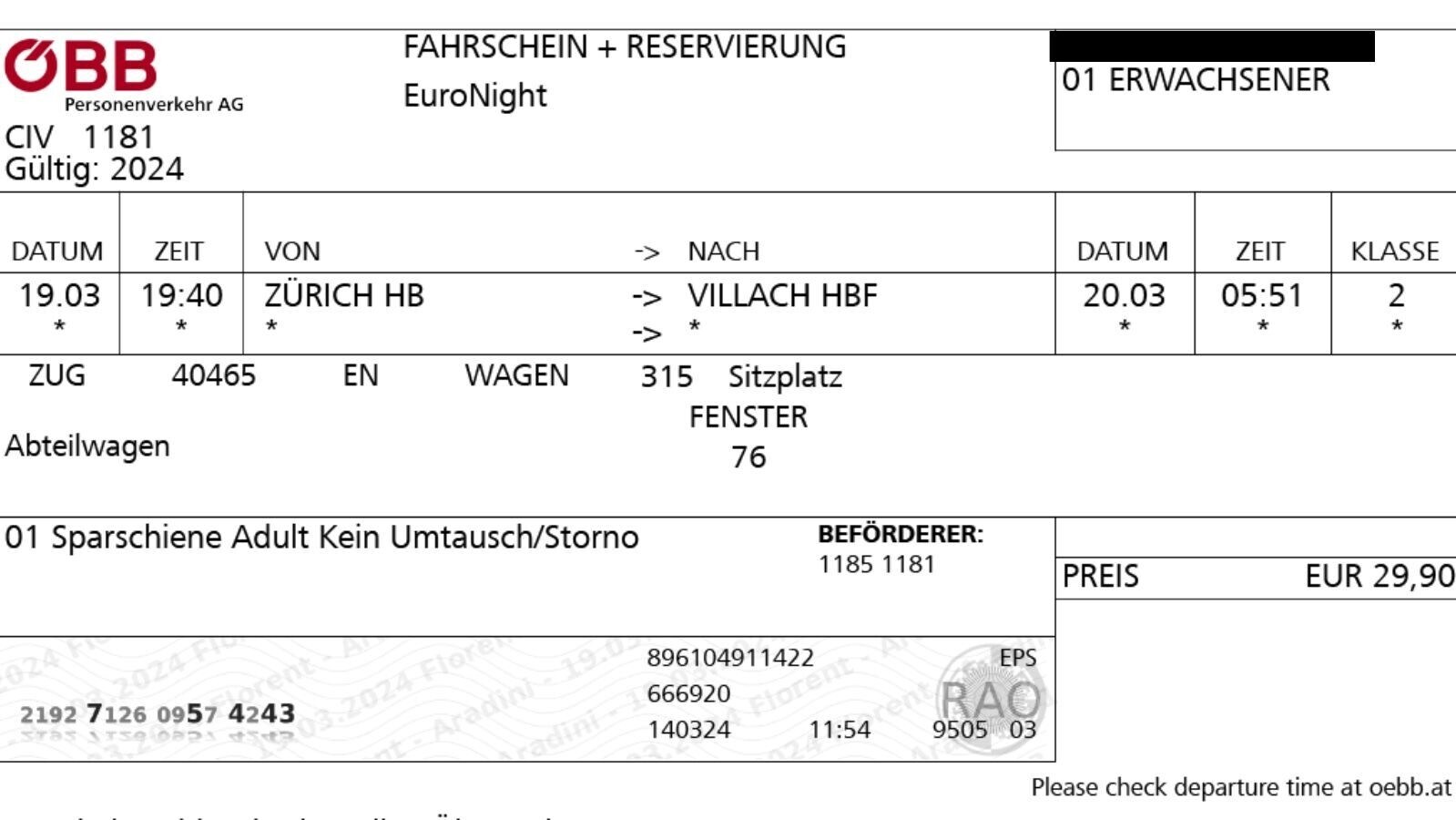 The ticket of the Carinthian theft victim. (Bild: zVg)