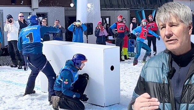 A different kind of snowball fight: Peter Donabauer (right) organized the first Austrian Yukigassen Championships in Filzmoos. (Bild: Dworak/Wiesmeyer, Krone KREATIV)