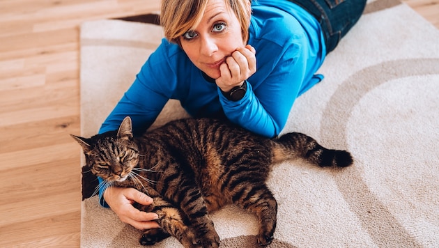 Social pedagogue Daniela Eglseder (46), pictured with her cat Theo, converted a four-wheeler in Ohlsdorf into a cat center. (Bild: Katzenzentrum Cats Care /Daniela Eglseder, Element People/Sabine Hause)