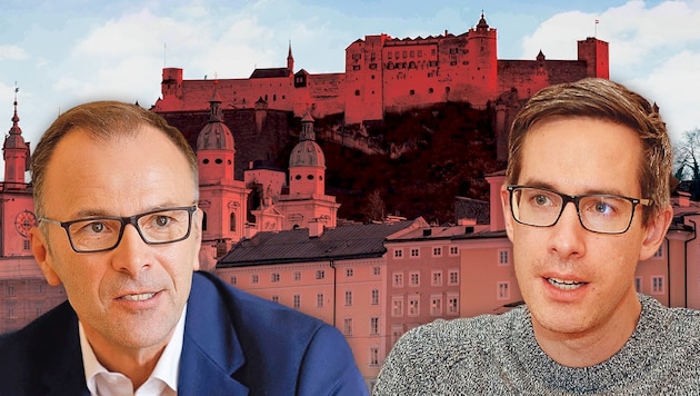 Párbaj a salzburgi "vörös várért" Bernhard Auinger (balra) és Kay-Michael Dankl között. (Bild: REUTERS, Tschepp Markus, Daniel Scharinge Krone KREATIV,)