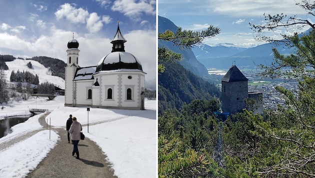 Am Sonntag war es – so wie hier in Seefeld (links) – weiß. In der Karwoche soll es – außer am Mittwoch – freundlich und mild werden. Rechts der Blick auf die Burgruine Fragenstein in Zirl. (Bild: Peter Freiberger, Hubert Rauth)