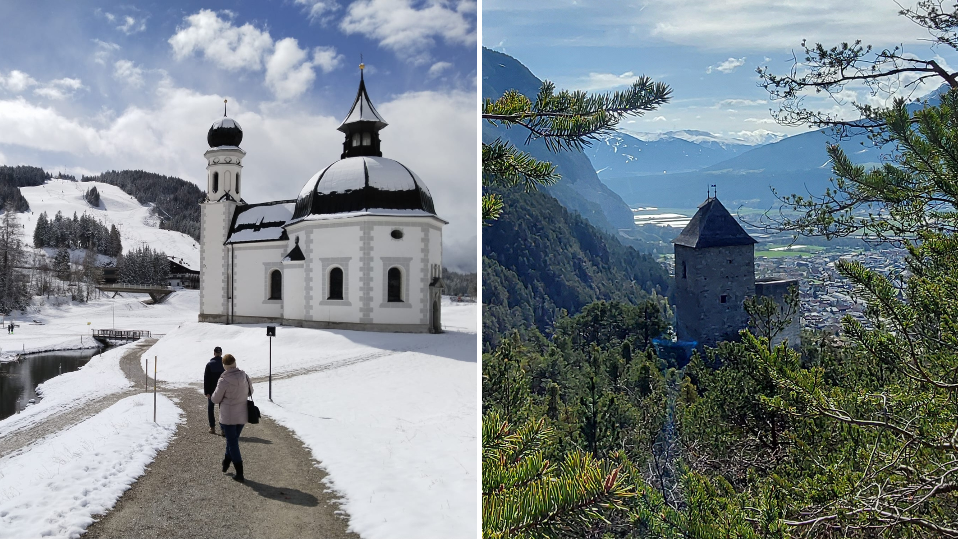 On Sunday it was white - like here in Seefeld (left). During Holy Week - except on Wednesday - it should be mild and friendly. On the right, the view of the Fragenstein castle ruins in Zirl. (Bild: Peter Freiberger, Hubert Rauth)