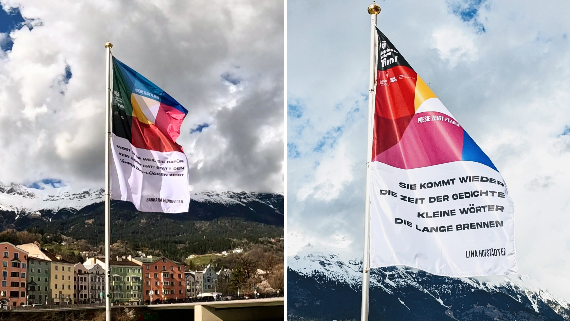 Außergewöhnlich ist das Projekt in Innsbruck: Auf Flaggen sind Miniaturtexte von Tiroler Autoren und Autorinnen zu lesen. (Bild: Rosanna Schmidle (rodes.at))