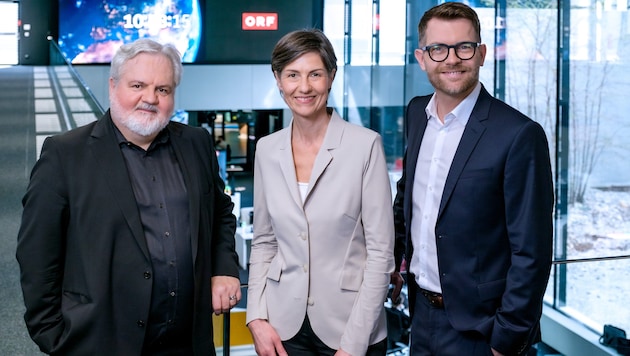 Johannes Bruckenberger, Gabriele Waldner-Pammesberger und Sebastian Prokop (v. l.) sind seit Dezember die neuen Chefredakteure im ORF. (Bild: ORF)
