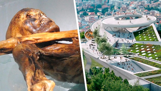 Gletschermumie Ötzi braucht ein neues Zuhause in Bozen – die Pläne für ein Ötzi-Museum sind spektakulär bis schlichtweg größenwahnsinnig. Krone+ kennt die Hintergründe.  (Bild: picturedesk, snohetta Krone KREATIV,)