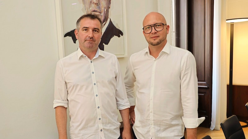 GAK-Präsident Rene Ziesler (r.) und Manager Matthias Dielacher hoffen in Weinzödl auf eine „Erweiterung“ (Bild: Christian Jauschowetz)