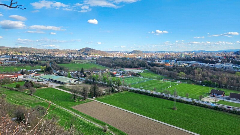 Die Halle (l.) und das Areal für das geplante Akademie-Projekt ist in Sichtweite des TZ Weinzödl. (Bild: Wulf Scherbichler)