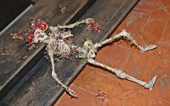 Ein mit glitzernden Diamanten verziertes Skelett in der Gruftkapelle.