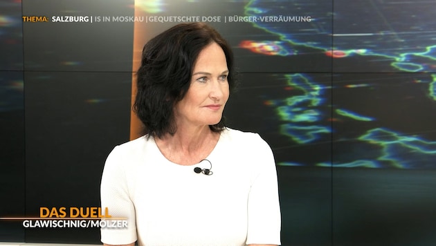 Eva Glawischnig krone.tv'deki "TV-Duell" programında. (Bild: krone.tv )