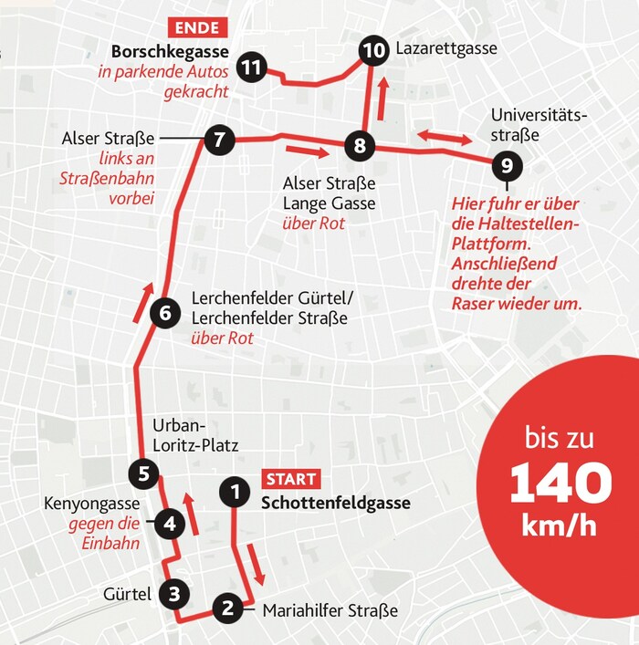 The approximate route of the speeding driver during his escape from the police.