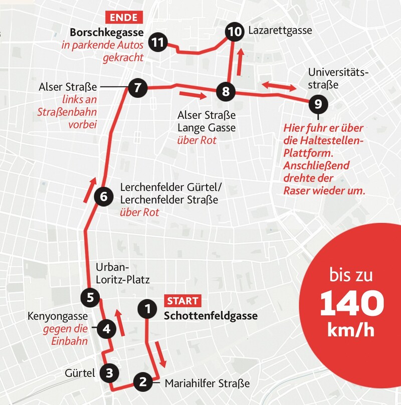 Die ungefähre Route des Rasers bei seiner Flucht vor der Polizei. (Bild: Krone KREATIV)