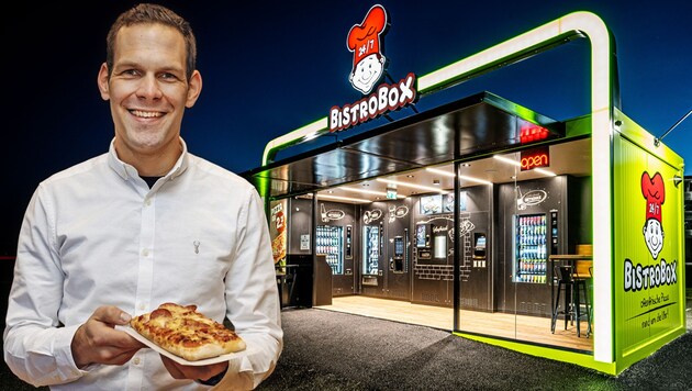 Klaus Haberl gründete 2009 mit seinen Studienkollegen die BistroBox. Heute hat die Selbstbedienungs-Pizzeria bereits 45 Standorte. (Bild: BistroBox (2), Krone KREATIV)
