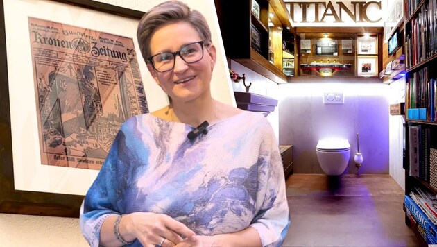 Lisa Maria Atteneder-Schwödiauer has set up the world's smallest Titanic museum in her toilet. A "Krone" front page is also immortalized. (Bild: Dworak/Wiesmeyer, Volker Weihbold)