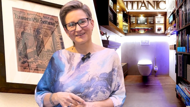 Lisa Maria Atteneder-Schwödiauer has set up the world's smallest Titanic museum in her toilet. A "Krone" front page is also immortalized. (Bild: Dworak/Wiesmeyer, Volker Weihbold)