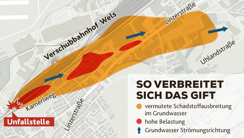 Dies Grafik zeigt, wie sich das Gift Richtung Osten verbreitet.  (Bild: Krone KREATIV)