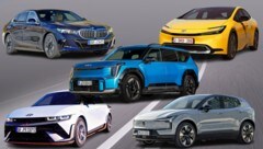 Sechs Kategorien, aber nur fünf Gewinner? Der Kia EV9 ist Doppelsieger. (Bild: Hyundai, Kia, Limberger, Toyota, Volvo, Krone KREATIV)