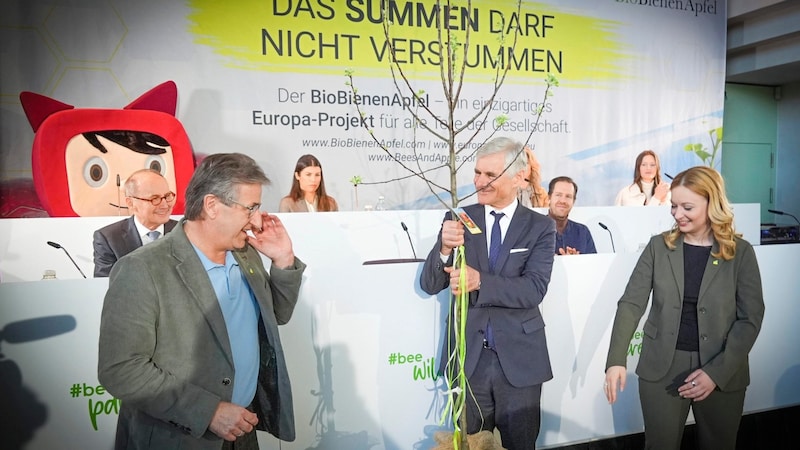 Für Botschafter Michael Linhart gab‘s von Manfred und Katrin Hohensinner einen Apfelbaum. (Bild: Sepp Pail)