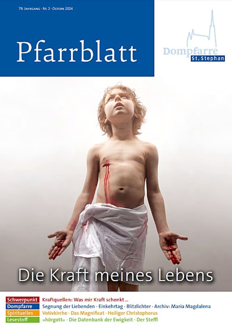 Auf dem Cover des aktuellen Pfarrblatts von St. Stephan erschien das zweite Bild des geplanten Helnwein-Zyklus. (Bild: Pfarrblatt St. Stephan/Gottfried Helnwein)