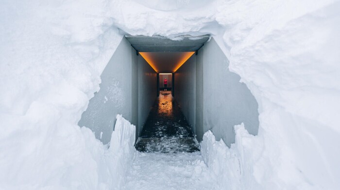 The snow-covered entrance to Skyspace. 