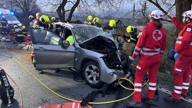 Ein Schwerverletzter war im Fahrzeug eingeklemmt. (Bild: BFV Liezen/Schlüßlmayer)