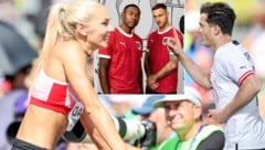 Ivona Dadic (li.) und Michael Gregoritsch (re.) sind vom neuen ÖFB-Trikot begeistert.  (Bild: GEPA; ÖFB)