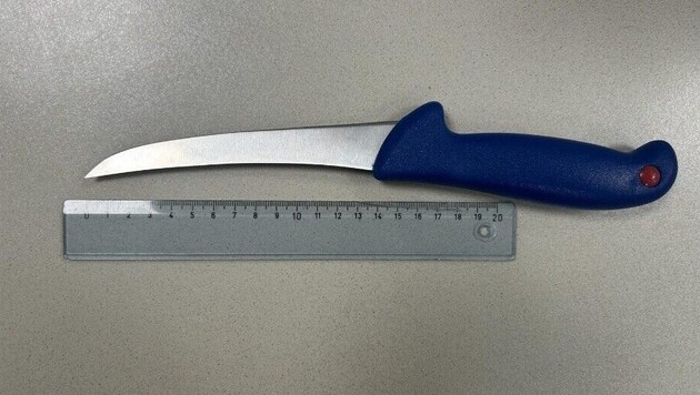 A két gyanúsított egyike állítólag ezzel a késsel fenyegette meg a 40 éves férfit. (Bild: LPD Wien)