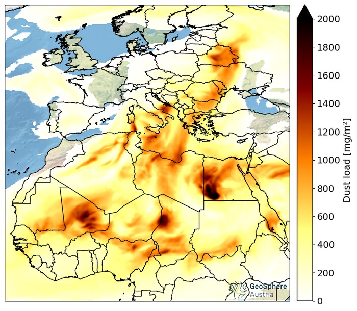 Die Abbildung zeigt die Gesamtstaubkonzentrationen in Europa.