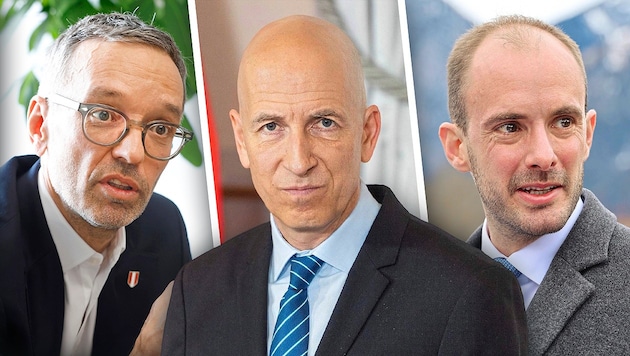 Florian Tursky (right) is fighting for Innsbruck, Martin Kocher (center) is also looking for a job despite high poll ratings. And what about Kickl? (Bild: Christof Birbaumer, Klemens Groh, SEPA.Media/Michael Indra, Krone KREATIV)