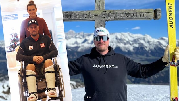 Max Franz links im Dezember 2022, beide Unterschenkel gebrochen. 16 Monate später kann er mit Skiern wieder auf die Piste. (Bild: GEPA pictures, instagram.com/maxfranzz)