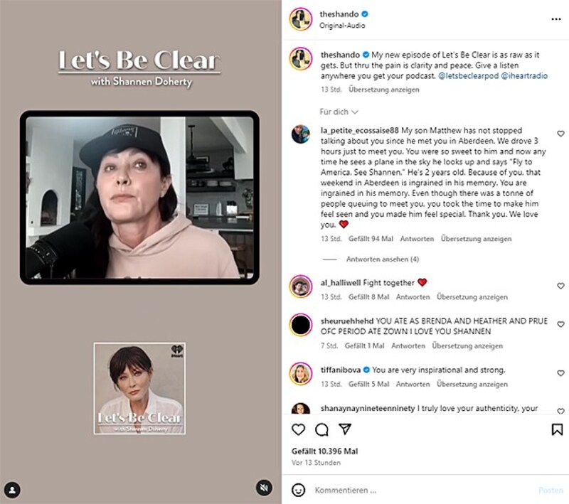 Auf Instgram hat Shannen Doherty einen Ausschnitt ihrer neuen Podcast-Folge geteilt. Darin spricht sie unter Tränen über das Ende ihres Traumes und ihre Vorbereitungen auf den Tod.  (Bild: instagram.com/theshando)