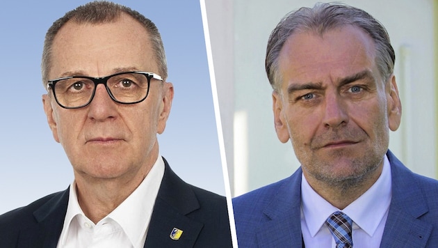 Rupert Dworak (left) steps down as municipal council president. He will be succeeded by SPÖ National Councillor Andreas Kollross. (Bild: E. Wood Photographic Artist NÖ GVV / Wieland Krone KREATIV,)