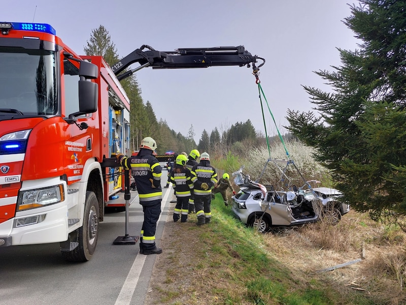 Die Feuerwehr bei der Bergung (Bild: BFV Fürstenfeld)