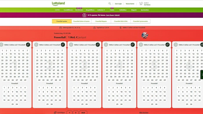 Um mitzuspielen, müssen fünf Hauptzahlen aus einem Zahlenpool von 1 bis 69 und eine Powerball-Zusatzzahl aus einem separaten Pool von 1 bis 26 gewählt werden. Das Prinzip nennt sich also „5 aus 69 plus 1 aus 26“.