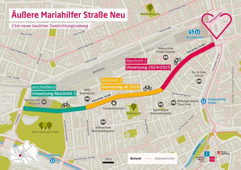 In diesen Abschnitten soll die Äußere Mariahilfer Straße umgestaltet werden.  (Bild: Stadt Wien)