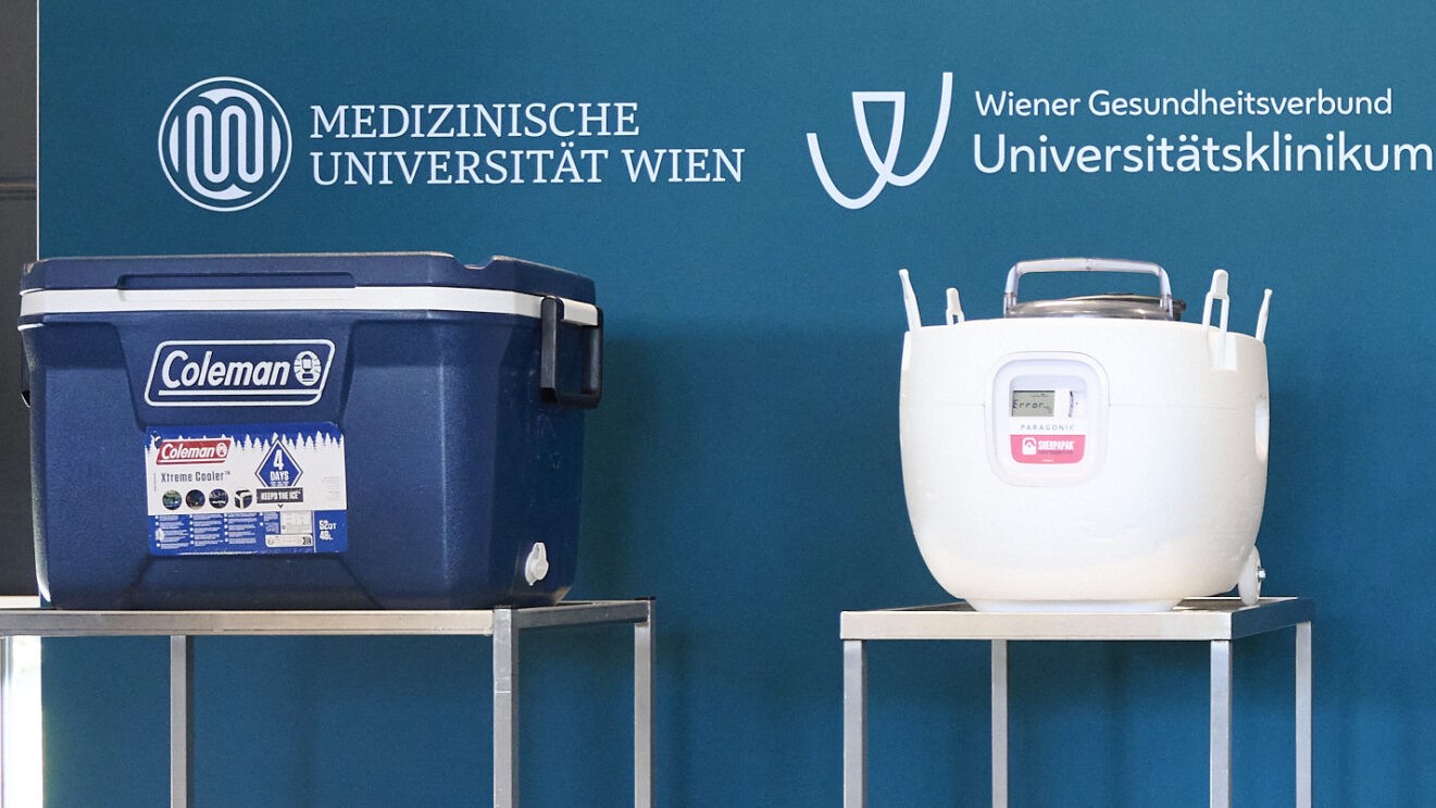 In the 1980s, donor hearts were still transported in normal camping coolers (left in the picture). Today, sophisticated technology is available (right). (Bild: Medizinische Universität Wien/APA-Fotoservice/Hörmandinger) In the 1980s, donor hearts were still transported in normal camping coolers (left in the picture). Today, sophisticated technology is available (right). (Bild: Medizinische Universität Wien/APA-Fotoservice/Hörmandinger)