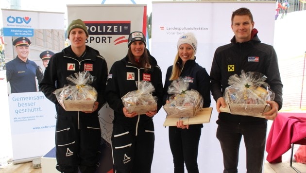 Raphael und Ricarda Haaser, sowie Teresa Stadlober und Harald Lemmerer (v. l.) schlugen bei den Polizeimeisterschaften im Montafon zu. (Bild: Peter Weihs/Kronenzeitung)