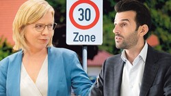 Gewessler möchte den Weg zu Tempo 30 erleichtern, Landbauer sieht darin ein Ausbremsen der Bürger. (Bild: SEPA.Media, Michael Indra, Krone KREATIV)