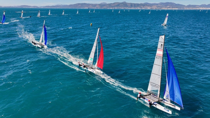 The Nacra 17 fleet in front of Palma de Mallorca.