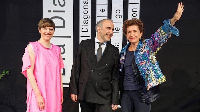 Claudia Slanar and Dominik Kamalzadeh with Ruth Beckermann, the director of the opening film of ...