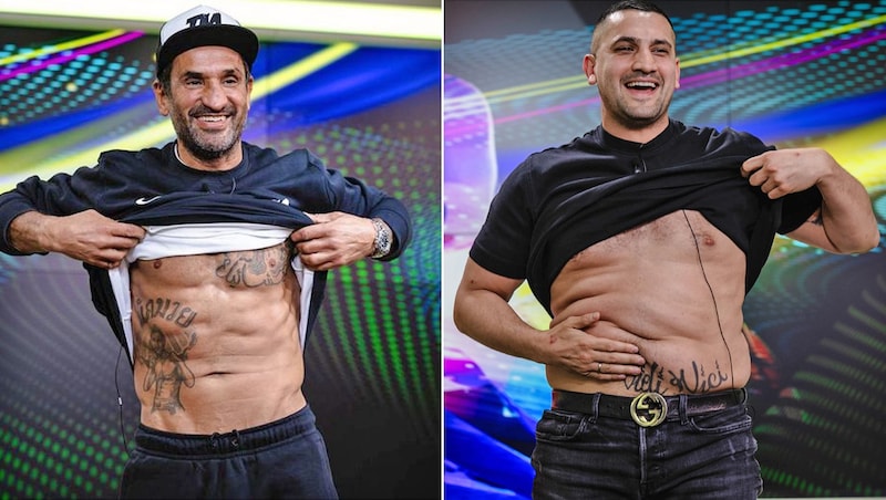 Der top austrainierte 46-jährige Faid Merza (links) und der auch im Studio anwesende Marcos Nader zeigen Bauch. (Bild: Mario Urbantschitsch)