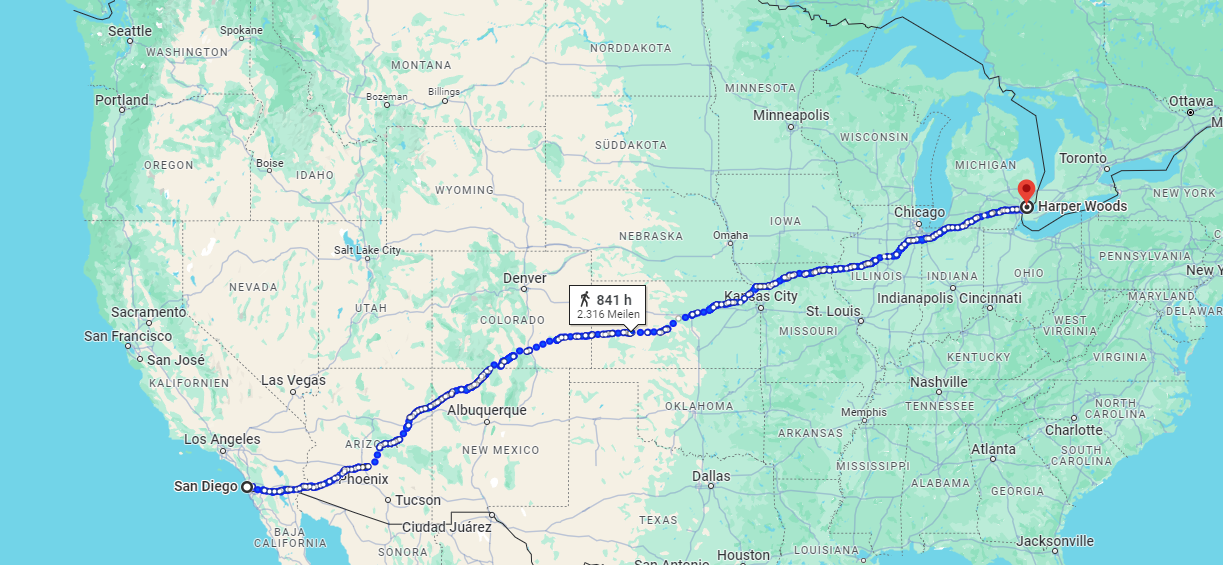 "Mishka" has crossed dozens of states on her journey with her short legs. (Bild: google Maps)