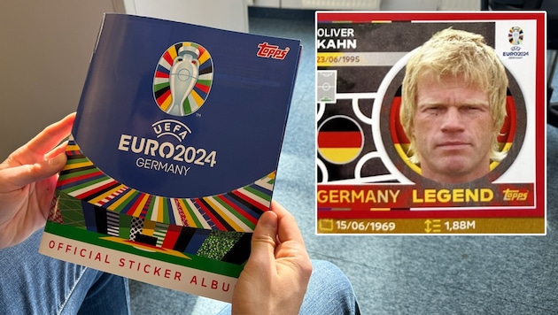 Das neue EM-Album sorgt für Überraschungen bei den Fans. Legende Oliver Kahn ist als einziger deutscher Goalie dabei. (Bild: „Krone“, Topps)