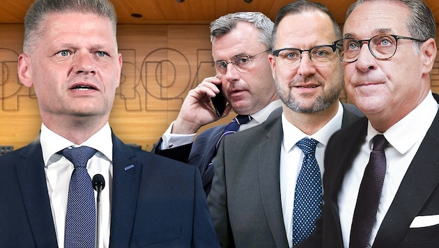 Az ÖVP frakcióvezetője, Andreas Hanger (balra) az FPÖ vezetőjét, Herbert Kicklt is ki akarja kérdezni a Heinz-Christian Strache, Christian Hafenecker és Norbert Hofer közötti vitatott beszélgetésekről. (Bild: Reinhard Holl, APA, Krone KREATIV)