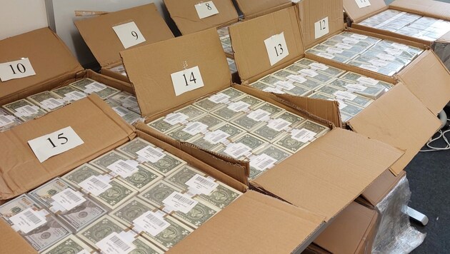 A razziák során a rendőrség négy raklapot talált 75 dobozzal (a képen ezek egy kis része látható), amelyek tele voltak hamis dollárbankjegyekkel. (Bild: Polizei Schleswig-Holstein)