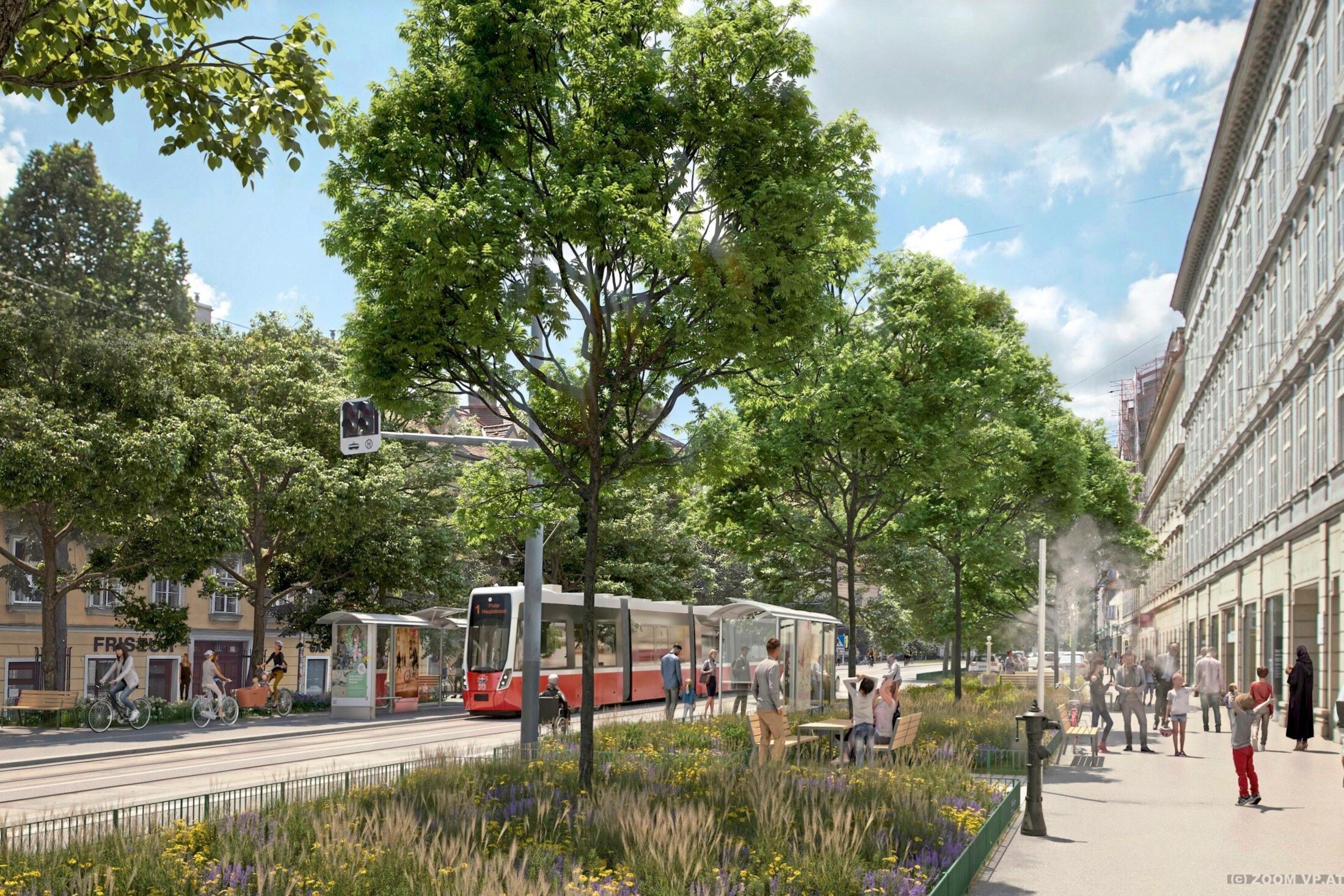 1300 square meters of new green spaces, 11 additional trees, a wide two-way cycle path and more space for pedestrians will be created on Wiedner Hauptstraße in the coming weeks and months. (Bild: (c) ZOOMVP.AT)