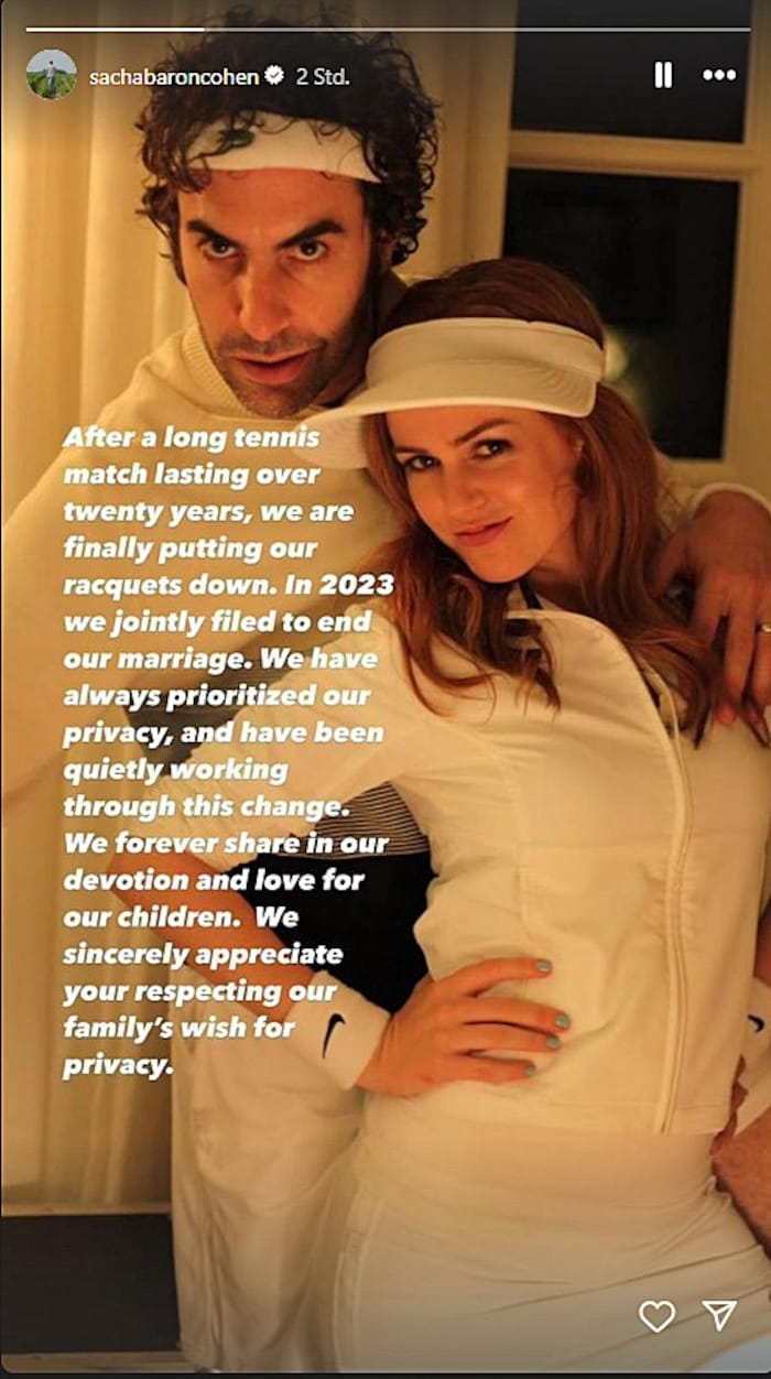 Via Instagram gaben Sacha Baron Cohen und Isla Fisher ihre Trennung bekannt.
